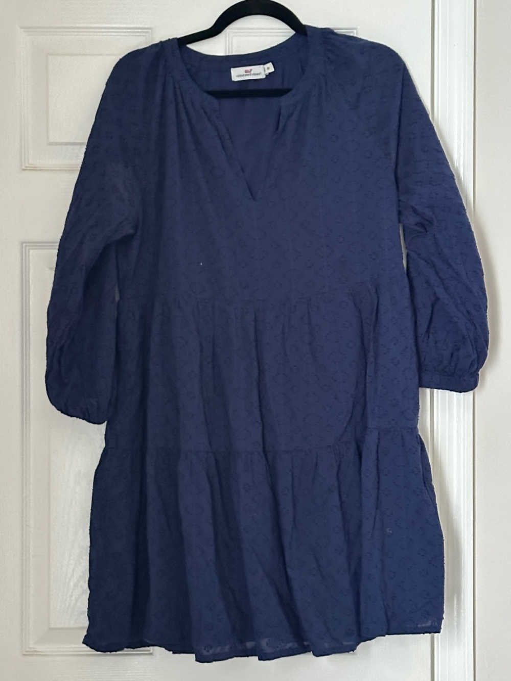 Vineyard Vines Clip Dot Eyelet Tiered Babydoll Dress Deep Bay Navy Blue Medium